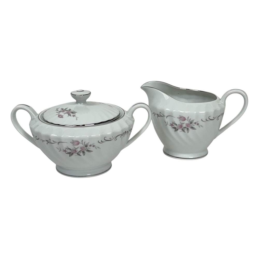 VTG Gold Standard Creamer Sugar Set White Pink Floral China Silver Trim Japan‎